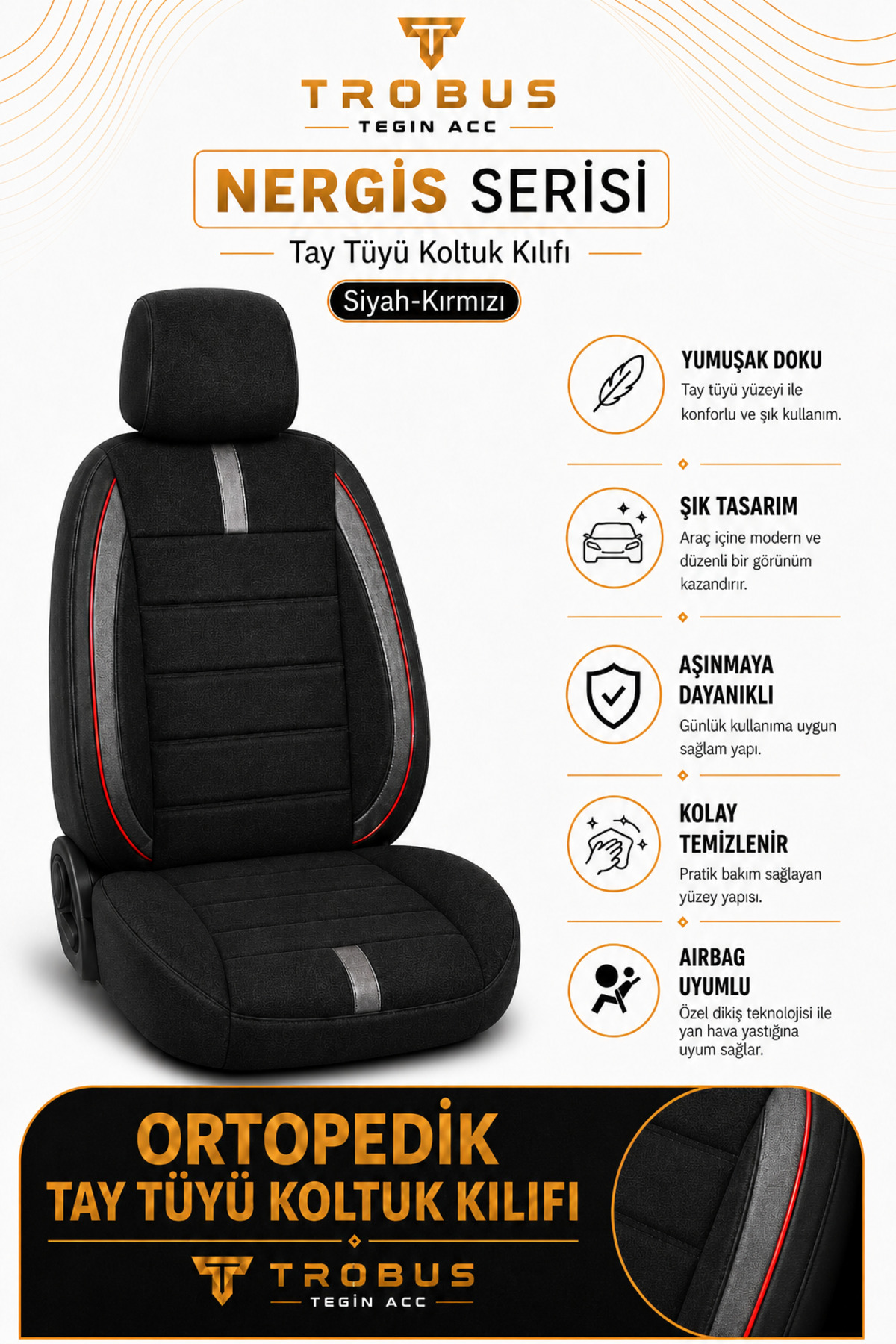 Chevrolet Matiz 1998–2005 Uyumlu - Tay Tüyü Orta + Lacost Kenar, 8 mm Süngerli Oto Koltuk Kılıfı Kırmızı Siyah (2 cm Yan Destek) — alternatif görsel
