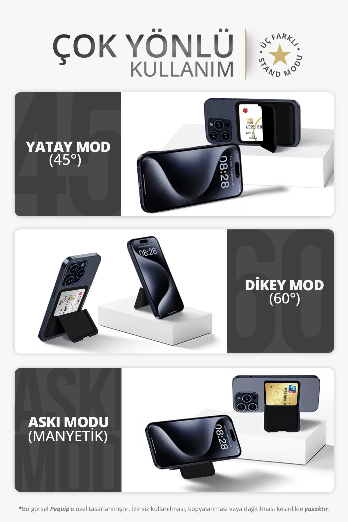 Pequip Magsafe Deri Kartlık Kılıf iPhone 12 13 14 15 16 17 Plus Pro Max Uyumlu Manyetik Standlı Pop-Up 3 Hazneli görsel 5