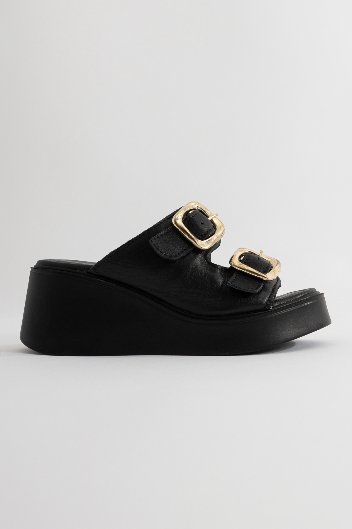 Rana Women's Black Real Leather Buckle Slippers