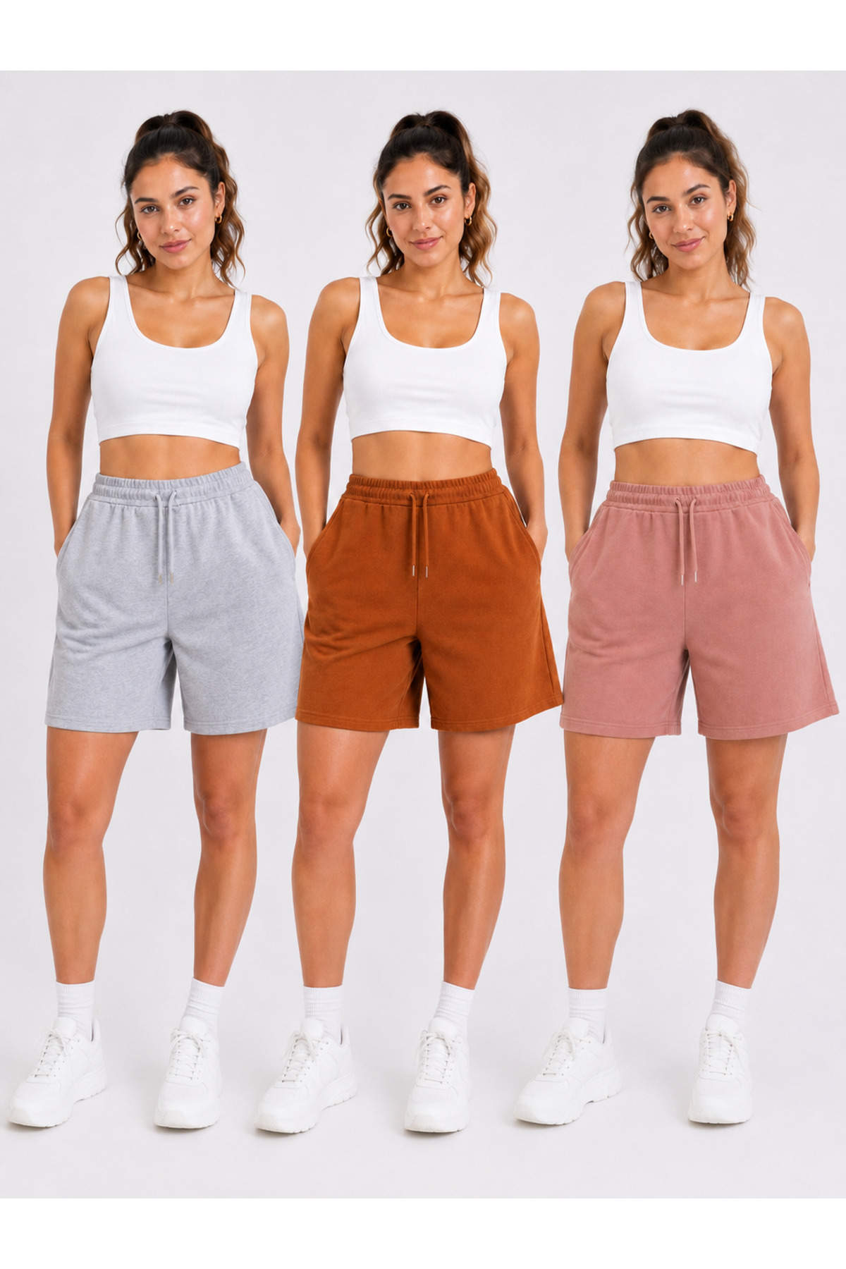 3-Piece Set Oversize Combed Cotton Shorts with Waist Tie Pockets 40 CM