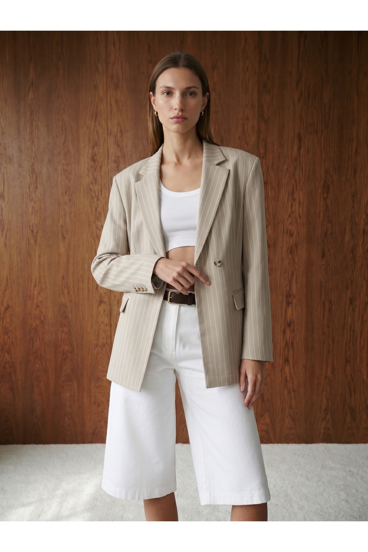 Dilvin 60803 Yan Düğme Detaylı Blazer-Bej görsel 4