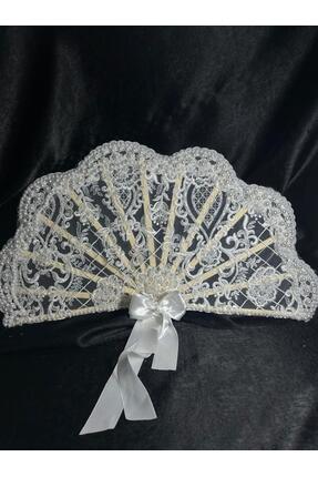 Bridal Luxe büyük boy dantel ve inci detaylı vintage gelin yelpazesi