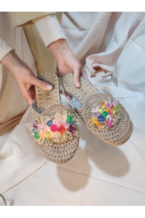 MY STİL MODA Önü Kapalı İnci Detaylı Hasır Örgü Dış Mekan Ev Terliği