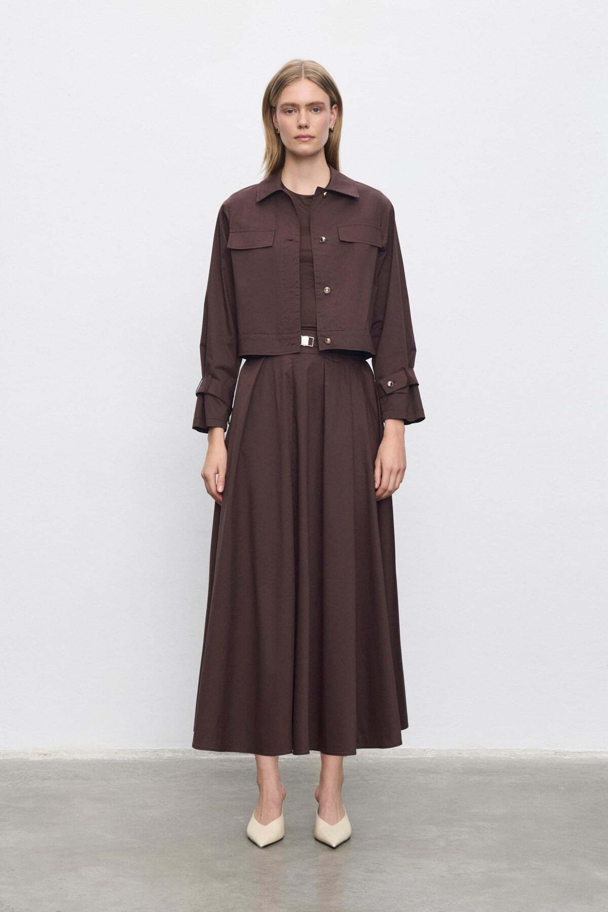 PARISIAN COTTON SKIRT JACKET SET - BROWN