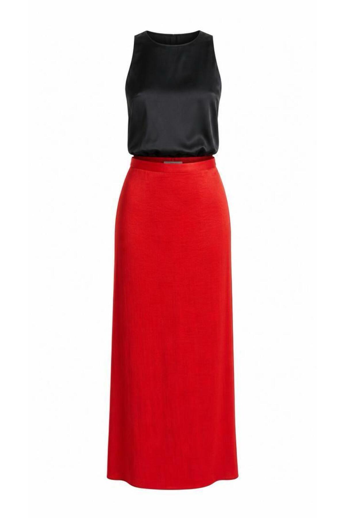 Women's High Waist Plain Red Long Viscose Satin Skirt