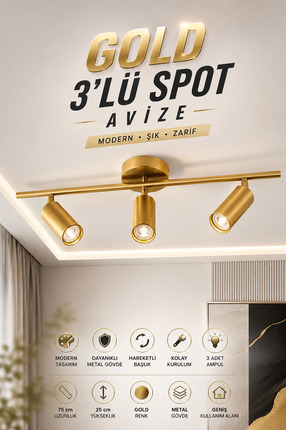 Elvora Home Eskitme (PREMİUM) LED Gold 3’lü Spot Avize Metal Gövde Salon Mutf...