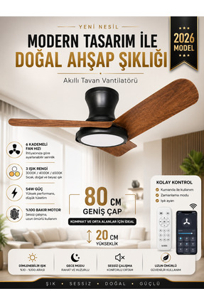 Kılıforyum 80 CM Akıllı Tavan Vantilatörü LED Aydınlatmalı | Kumandalı & Tele...