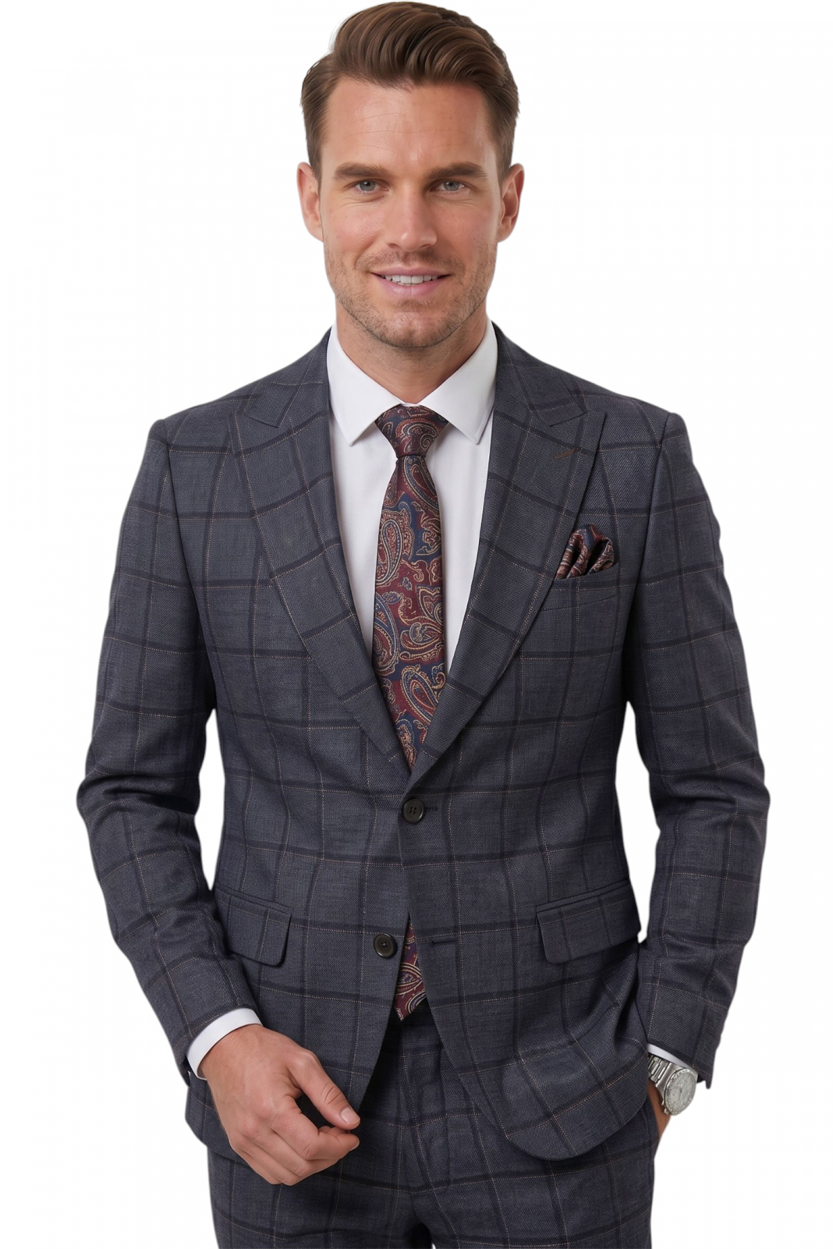 DeepSea Navy Blue Square Patterned Slim Fit Men's Suit - Double Button Double Slit 2-Piece Suit 2601812