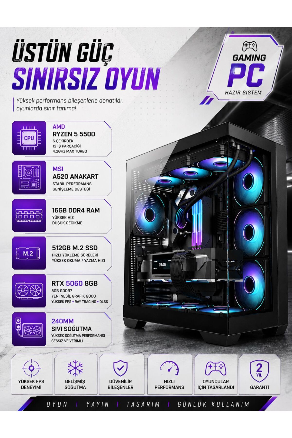 Apphirex REBİRTH X05 Ryzen 5 5500 | 16GB RAM | 512GB M2 SSD | RTX5060 Sıvı Soğutmalı Oyun Bilgisayarı