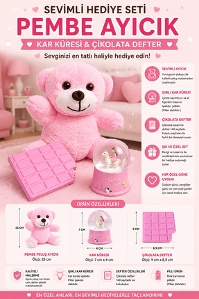 Yenilig Pembe Peluş Ayıcık Kar Küresi ve Çikolata Defter Hediye Seti