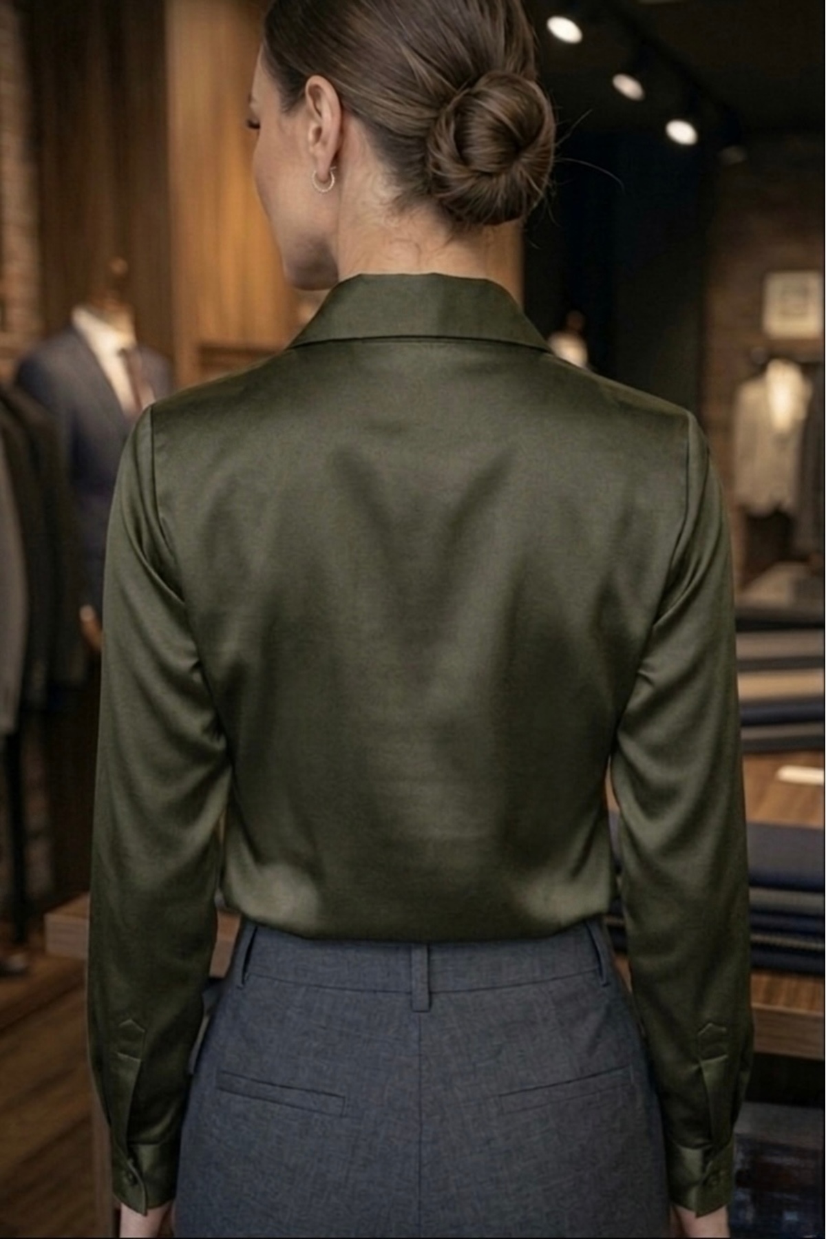 miremiran SATEN GÖMLEK gizli patlı rahat Kadın Slim fit SATEN HAKİ görsel 4