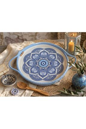 Be Cat El Yapımı Pamuk Kordon İpli Nazar Boncuklu Sunum Tepsisi 30x30 cm – Çe...