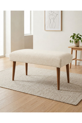 Azra Aksesuar Krem Keten Kumaş Bench Puf 90x45x46 cm Ahşap Ceviz Ayaklı Demon...