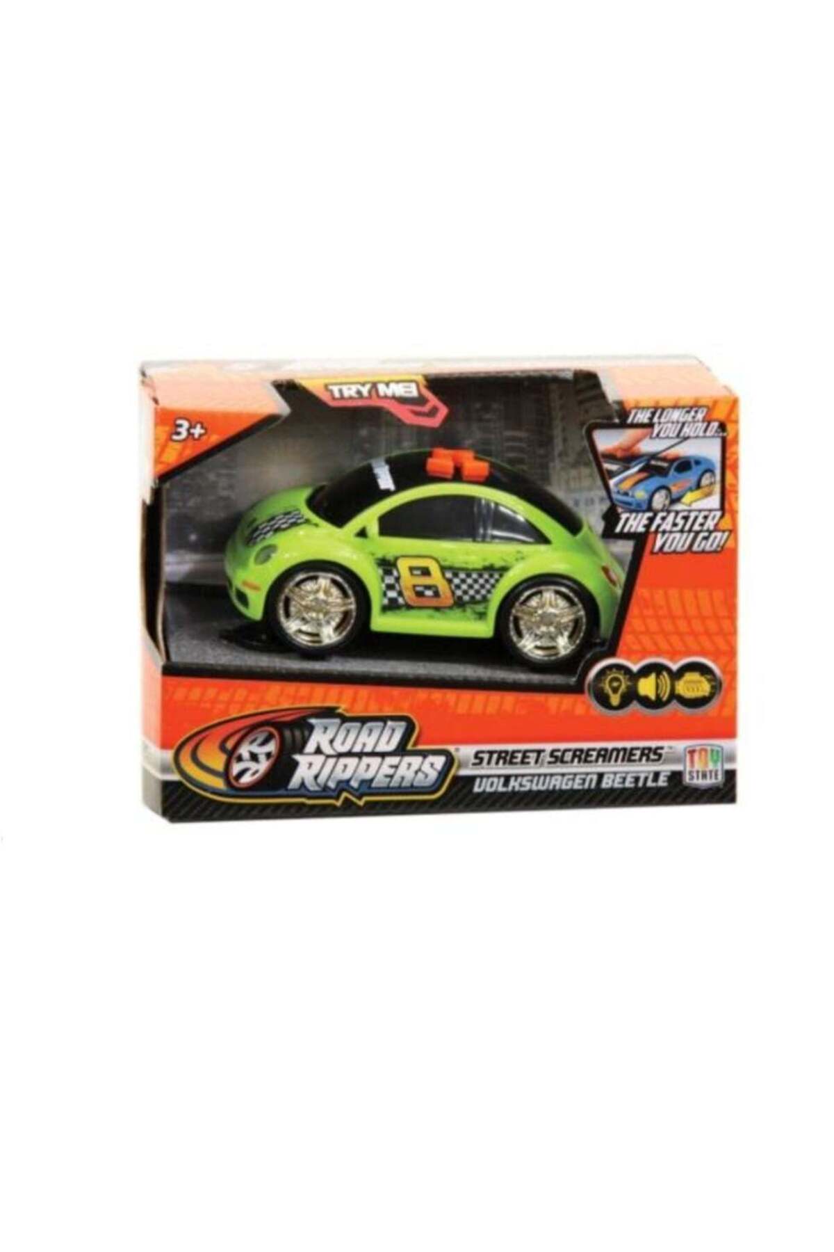 Road Ripper Toy Race Car, Green with Black Roof, Beetle Style, Racing Theme with Checkered Flag Design, New with slightly damaged box