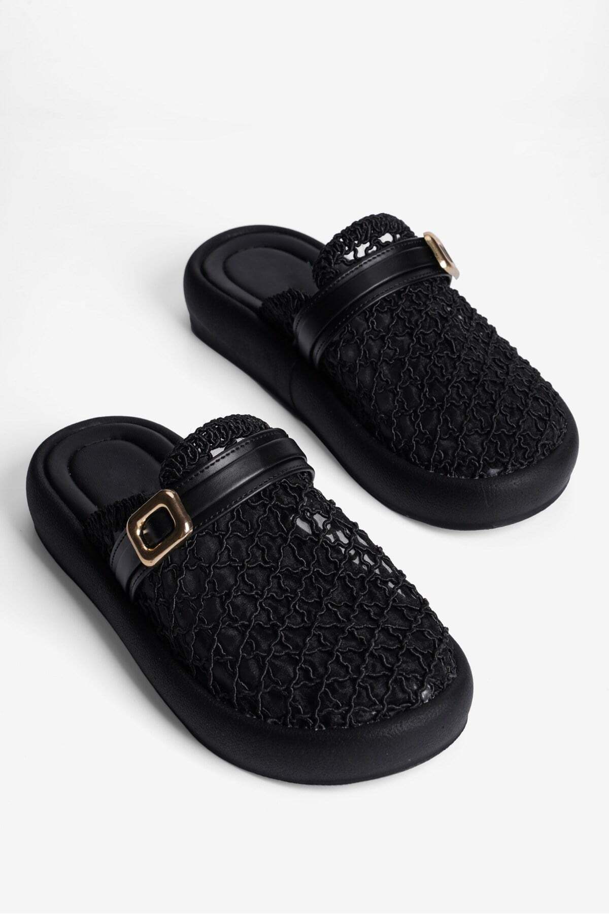 Mubiano Women's Mesh Knitted Slippers with Gold Buckle, Daily Stylish Louria Black
