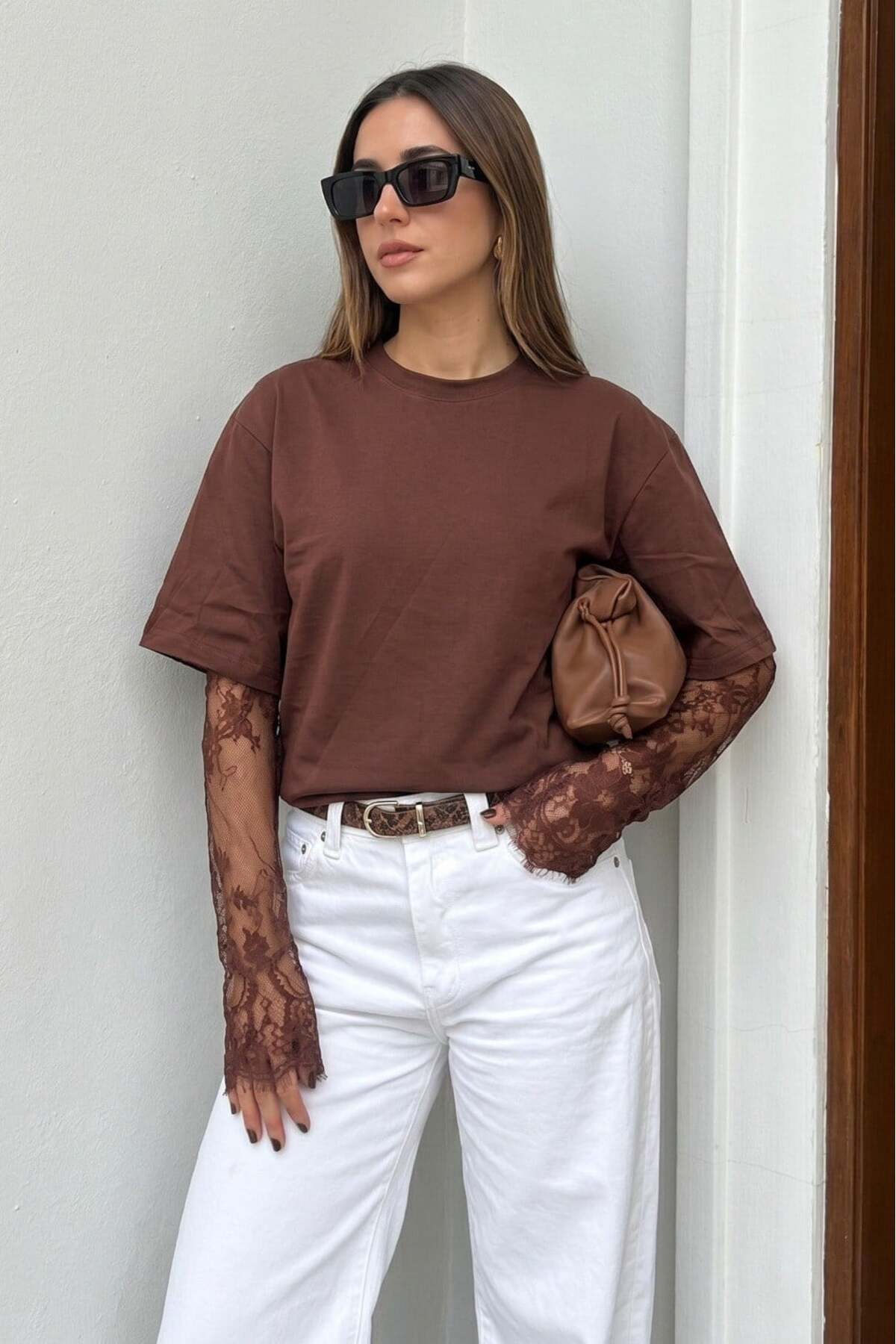 Madmext Acı Kahve Dantel Kollu Basic Tişört MG2808
