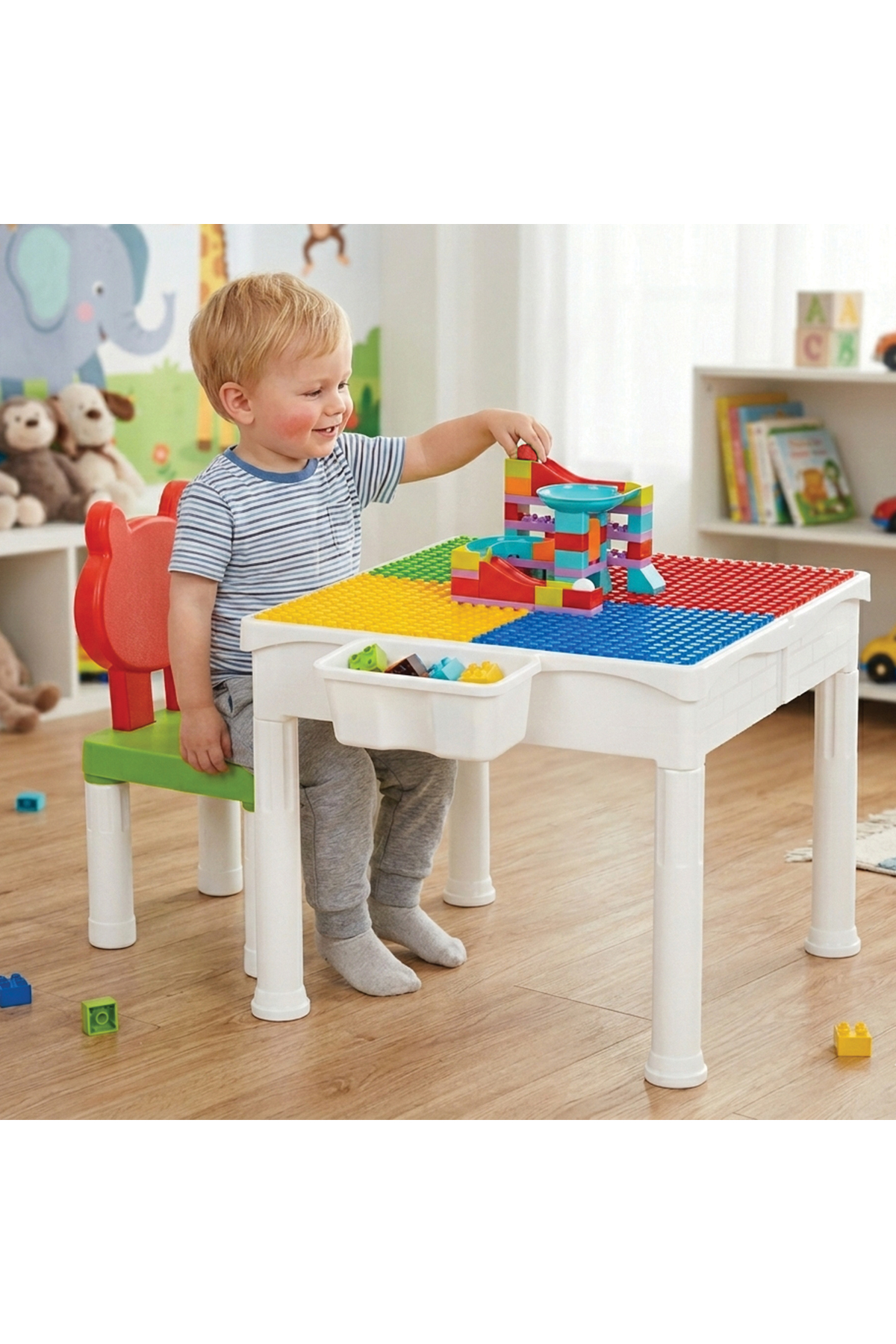 CREATİVE GAMES 3 in 1 Activity Table Set, 48 Pieces with Blocks, Total 70 Pieces, Compatible with Duplo Series