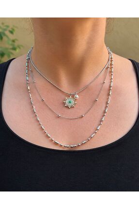aurajewelery İNCİ DETAY YEŞİL TAŞ GÜNEŞ KOLYE ÇELİK 316L