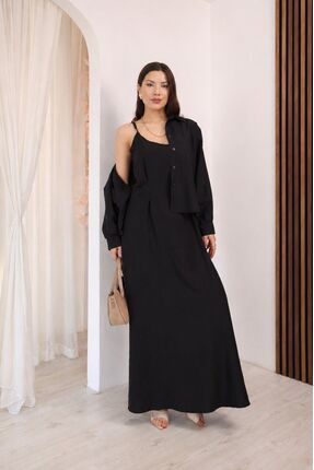 Mava Lady Kadın Ayarlanabilir Askılı Elbise ve Gömlek Keten İkili Takım Siyah