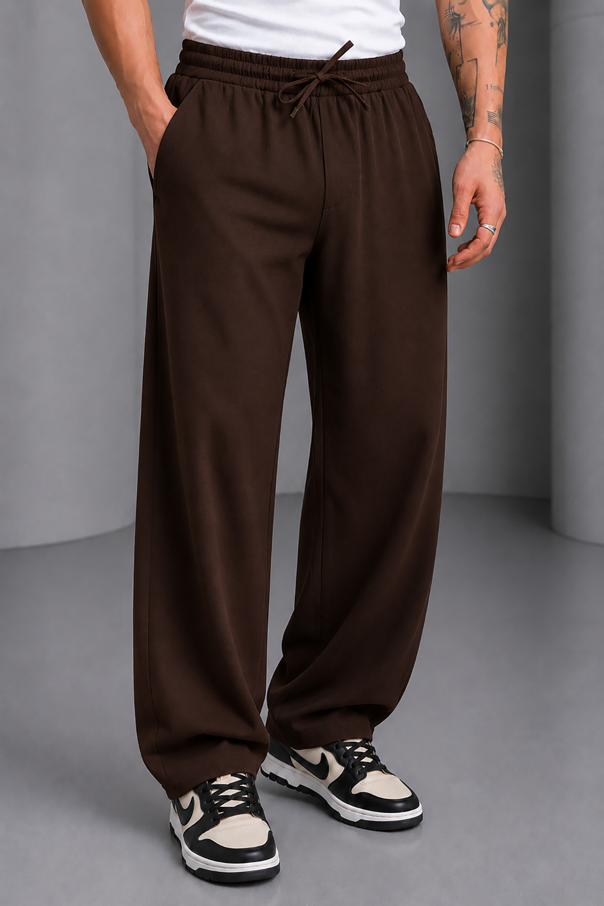 Bossago Men's Brown Comfortable Fit Linen Baggy Trousers
