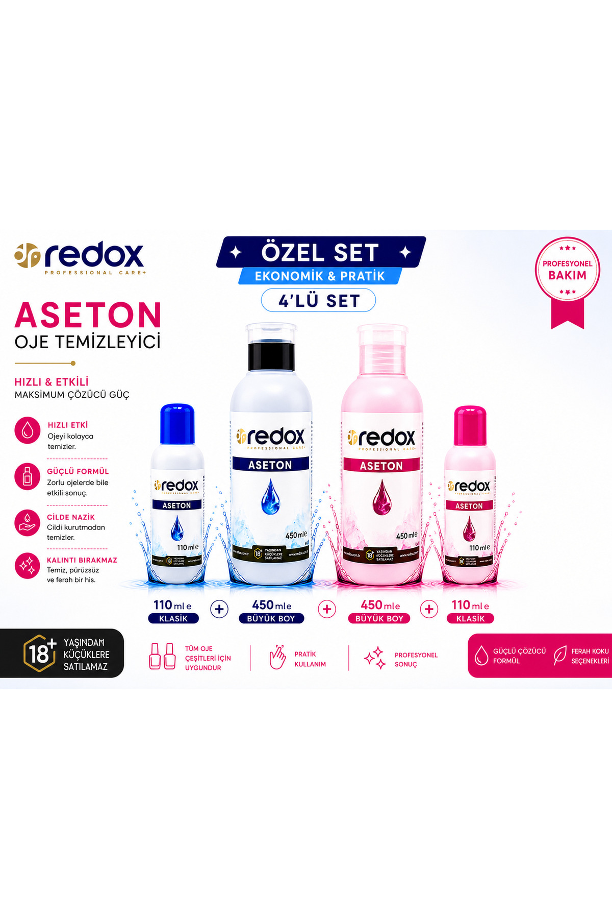 Aseton Oje Temizleyici 4'lü Set 2 x 110 ml + 2 x 450 ml Klasik ve Ferah Kokulu — drredox110*8