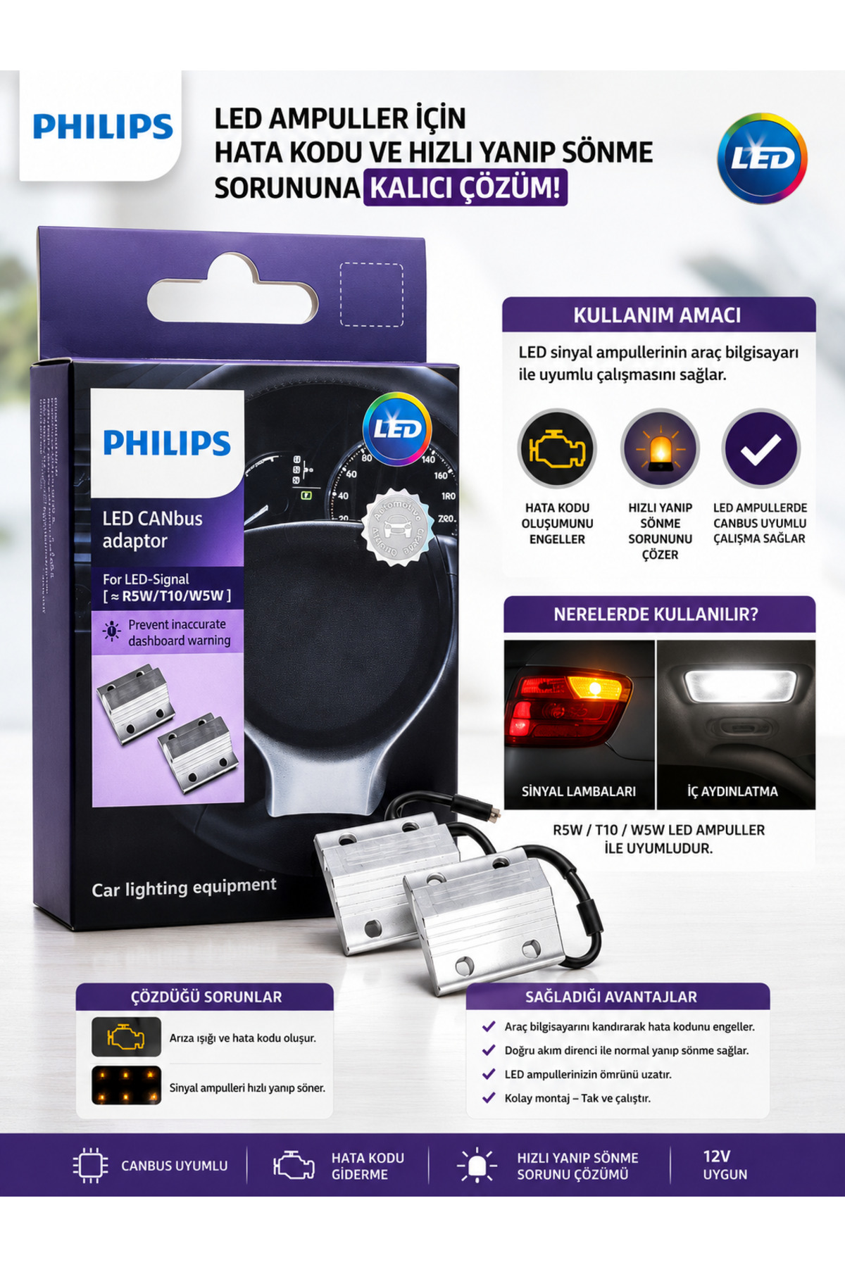 Philips LED CANbus Adaptör T10 W5W R5W LED Hata Kodu Giderici ve