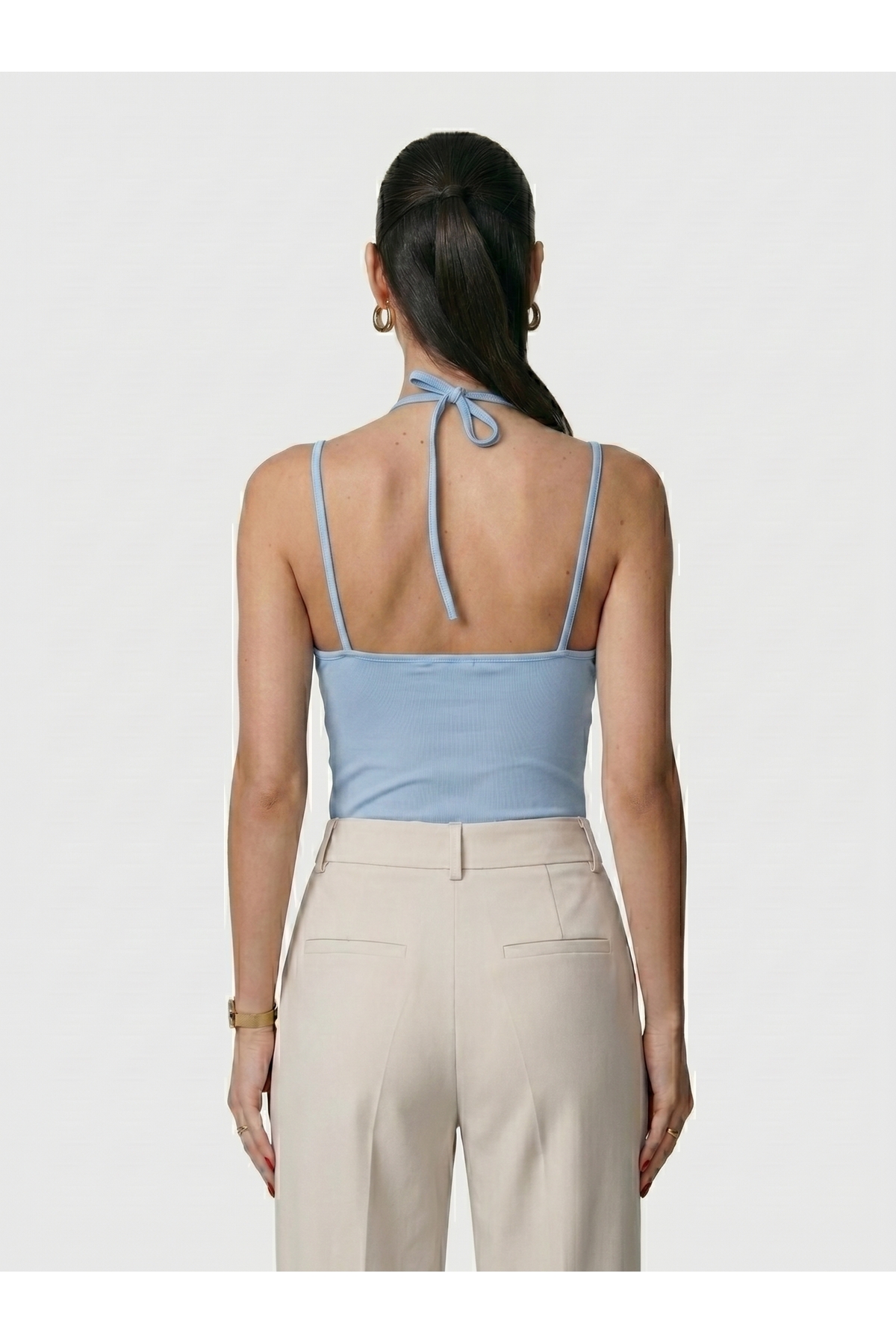 Kadın Dantel Yaka İnce Askılı Çıtçıtlı Body Slim Fit Dar Kalıp Likralı Bodysuit - Mavi 4