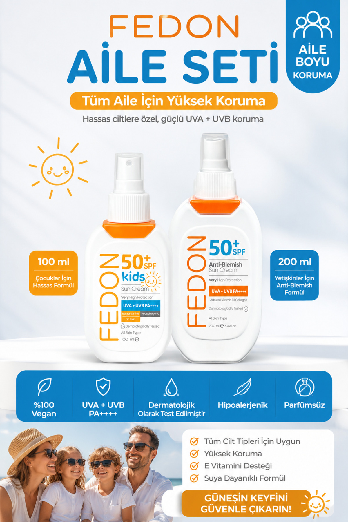 Aile Güneş Kremi Seti SPF 50+ Güneş Kremi 200 ml + Kids SPF 50 Çocuk Güneş Kremi 100 ml Suya Dayanıklı Vegan Hipoalerjenik — günes-aile-set
