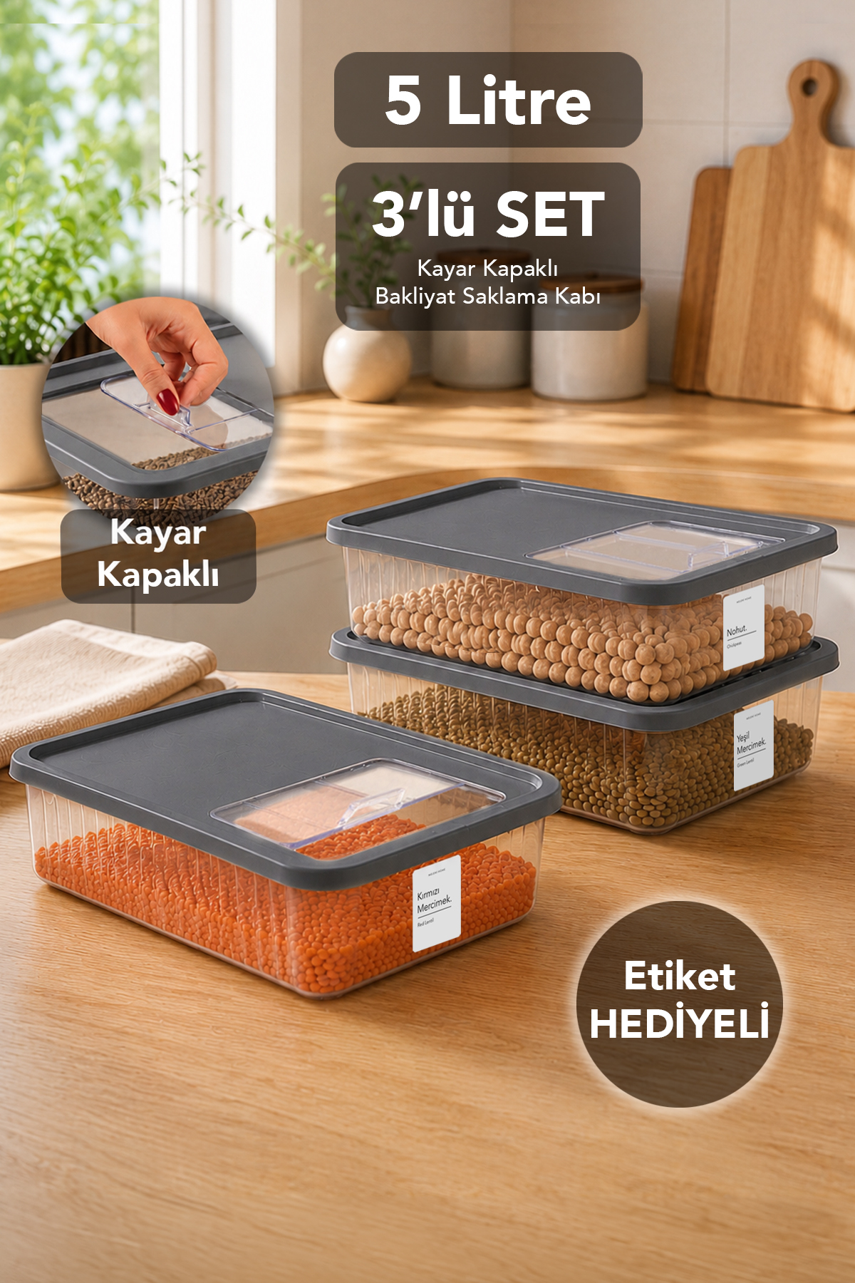 Meleni Home 3'lü Kayar Kapak Saklama Kabı - Mutfak Düzenleyici Un