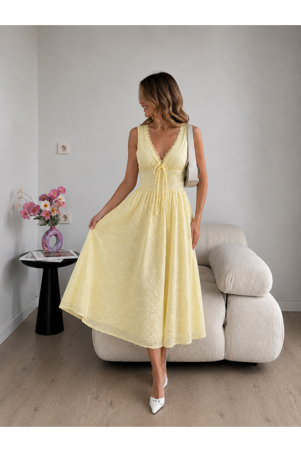 Ekim Store  Fistolu Bağcıklı Askılı Uzun Elbise - Görsel 5