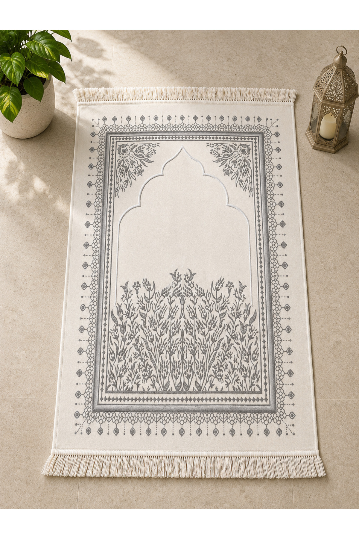 Luxury Velvet Woven Prayer Sheet Soft Textured Fringed Altar Pattern Prayer Sheet Grey