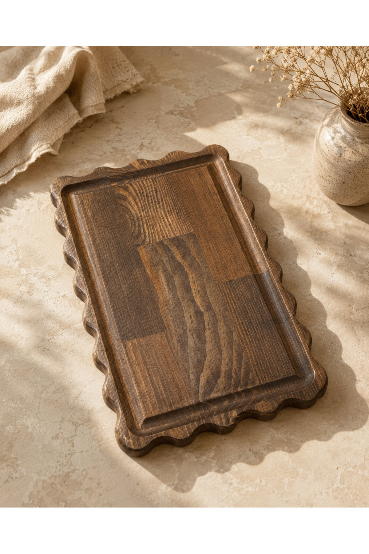 Rectangular Chamomile Line Detailed Natural Wooden Cheese and Serving Plate, Coffee Pot, Oil Pot, Cake and Cake Stand 100% Pine