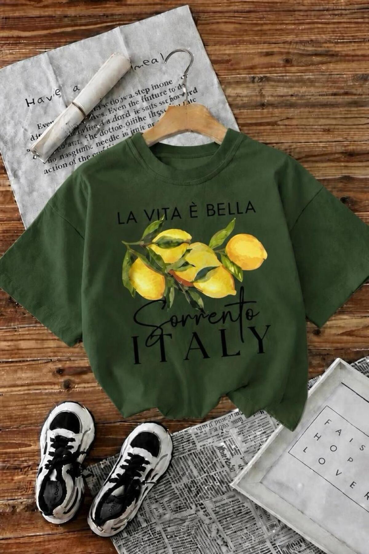 Oksit Bella Limon Front Printed Oversize Cotton Women's T-Shirt