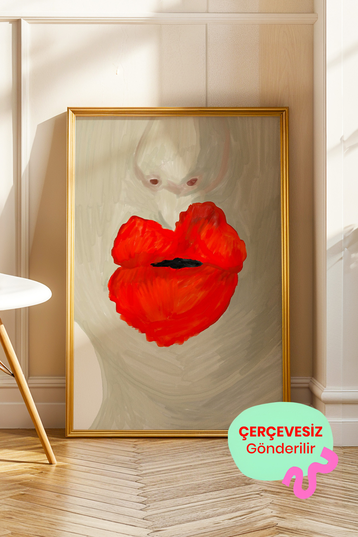 Kırmızı Dudaklar Poster, Modern Pop Art İllüstrasyonu ve Minimal Duvar Dekoru