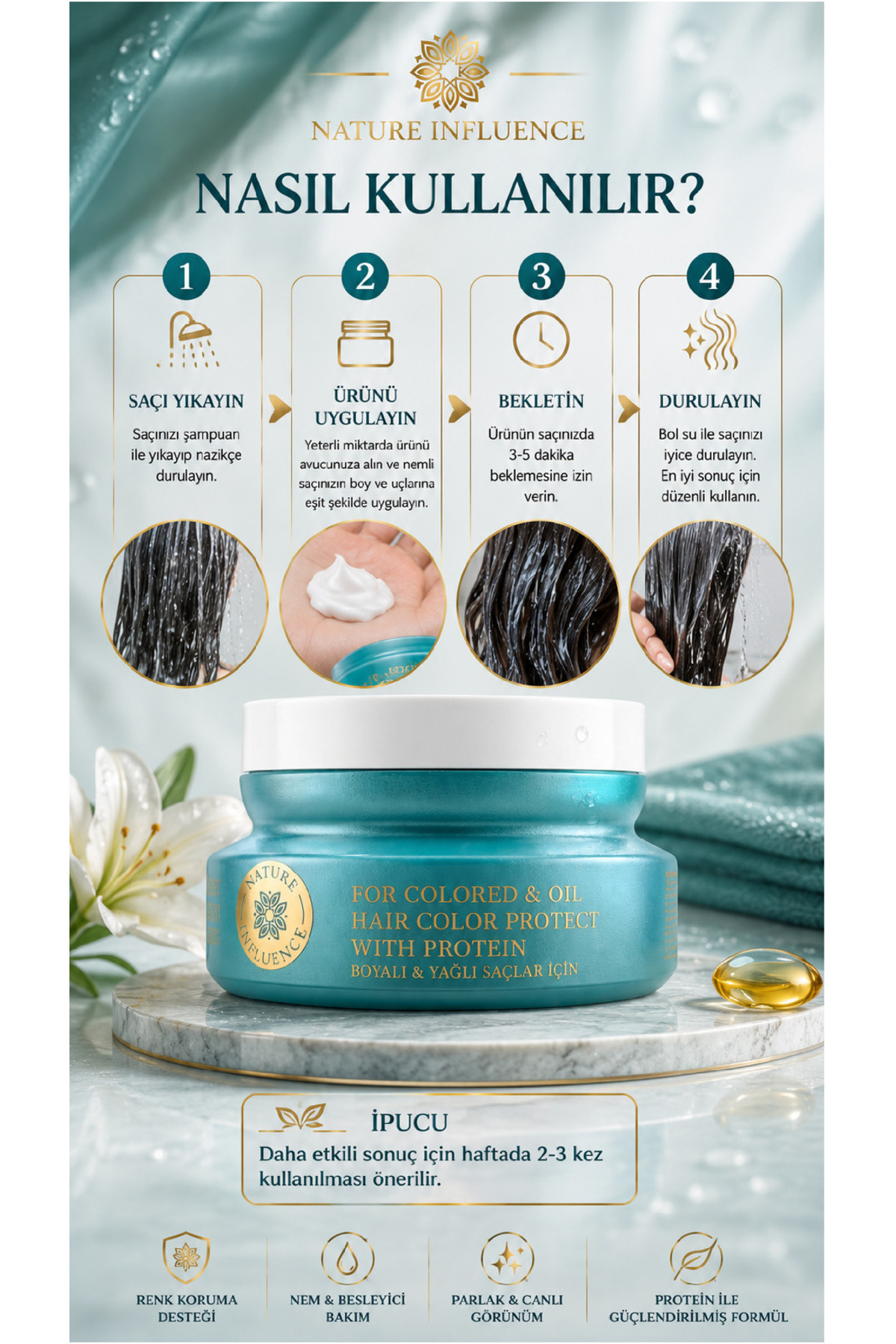 PROTEİN TERAPİLİ YOĞUN SAÇ BAKIM MASKESİ 500 ML — NATURE26 — تصویر 3 از 5