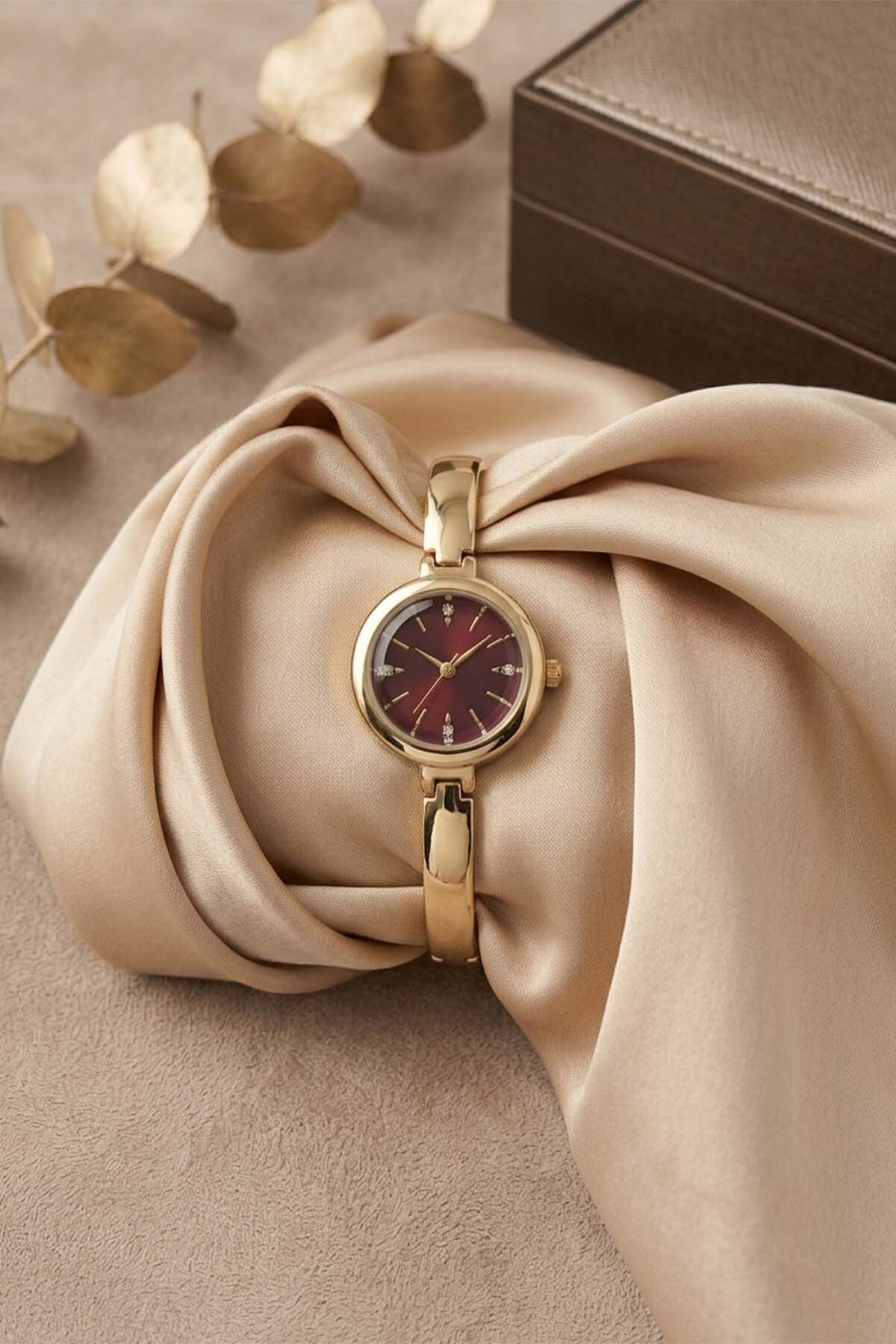 GANYMET MEYLAND Kadın Gold Çelik Kelepçe Kol Saati Bordo Kadranlı Minimal Luxury Zarif Bilezik Saat 2026 görsel 2