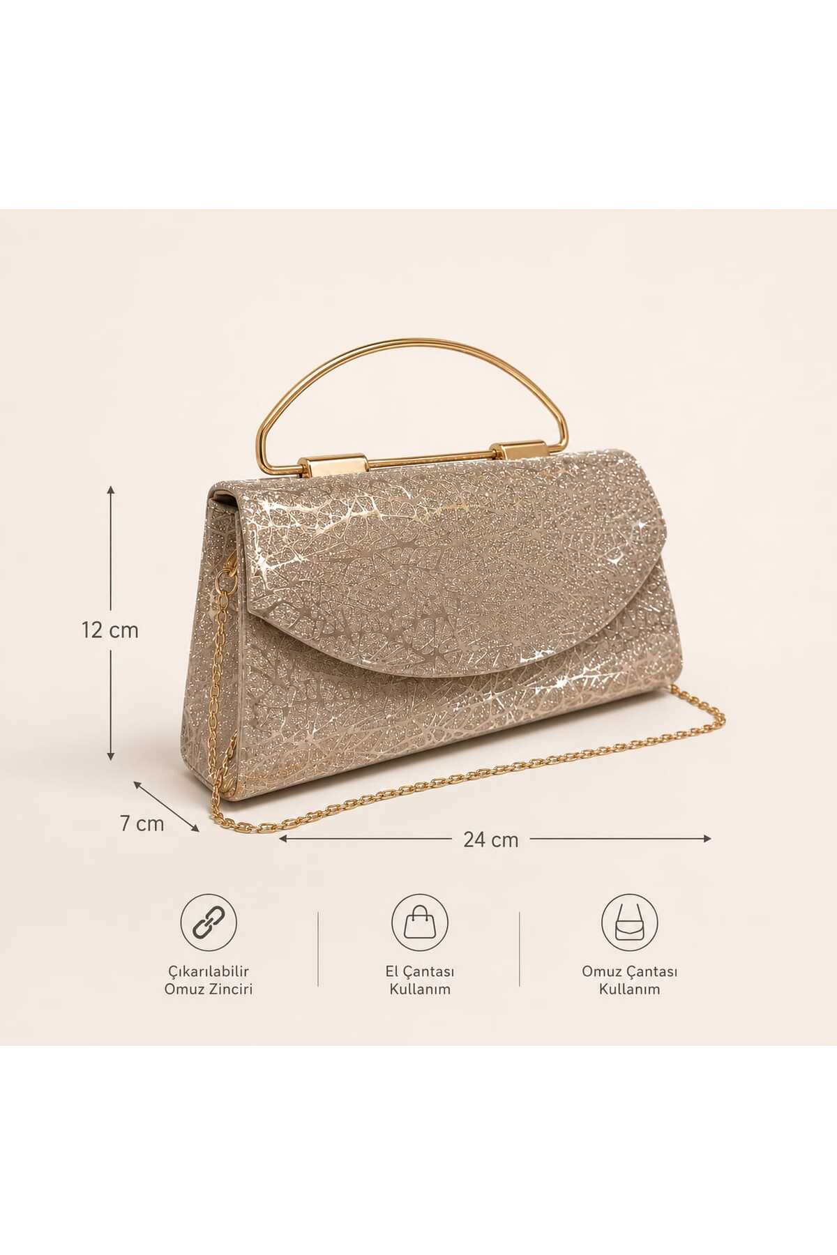 ZİVORA Kadın Simli Abiye Çanta Kırık Cam Desenli Zincir Askılı Portföy Clutch El ve Omuz Çantası 24x12x7 cm görsel 3