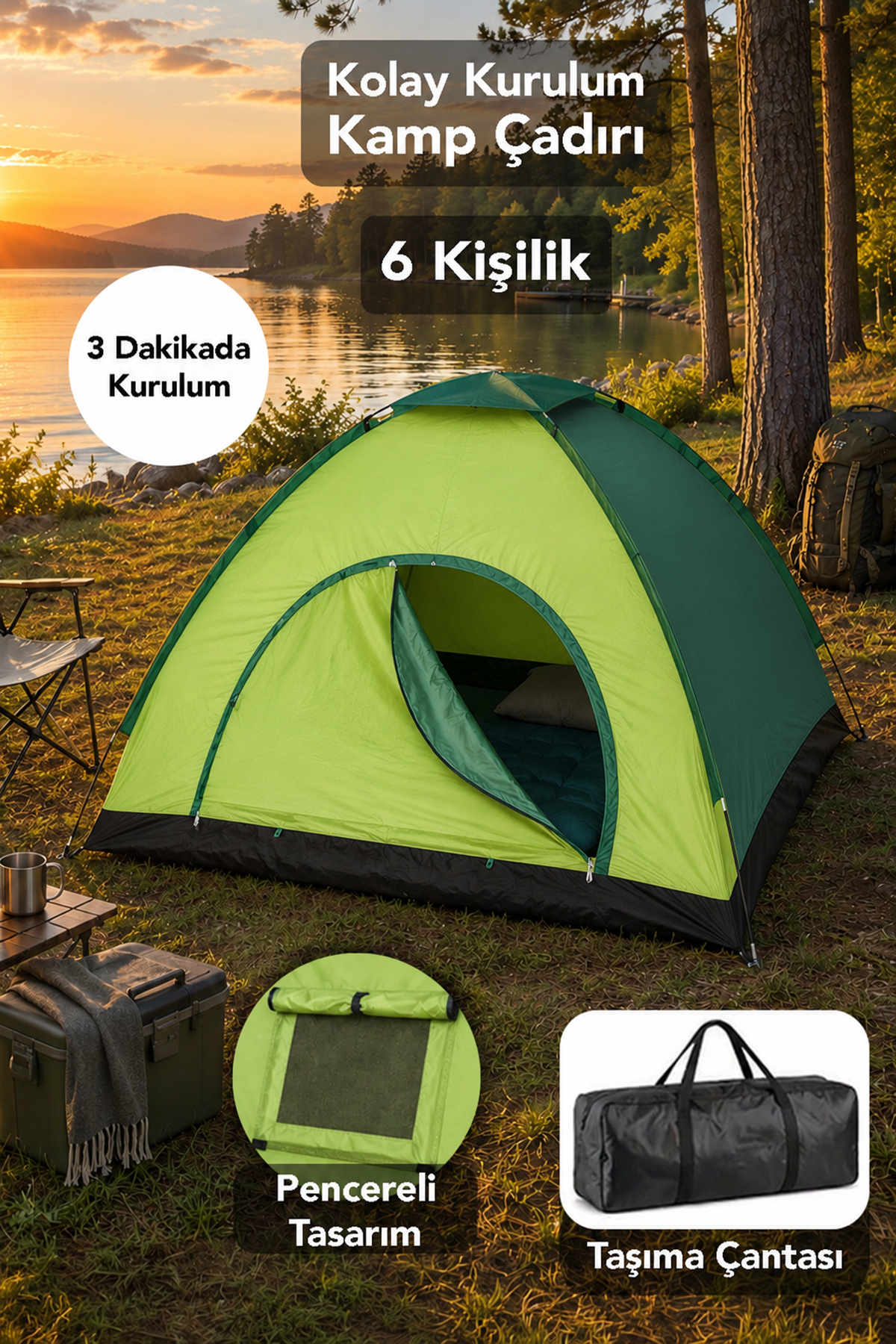 Easy Installation Camping Tent - Manual 4 Seasons Use Garden Tent for 6 People Green 220x250x150