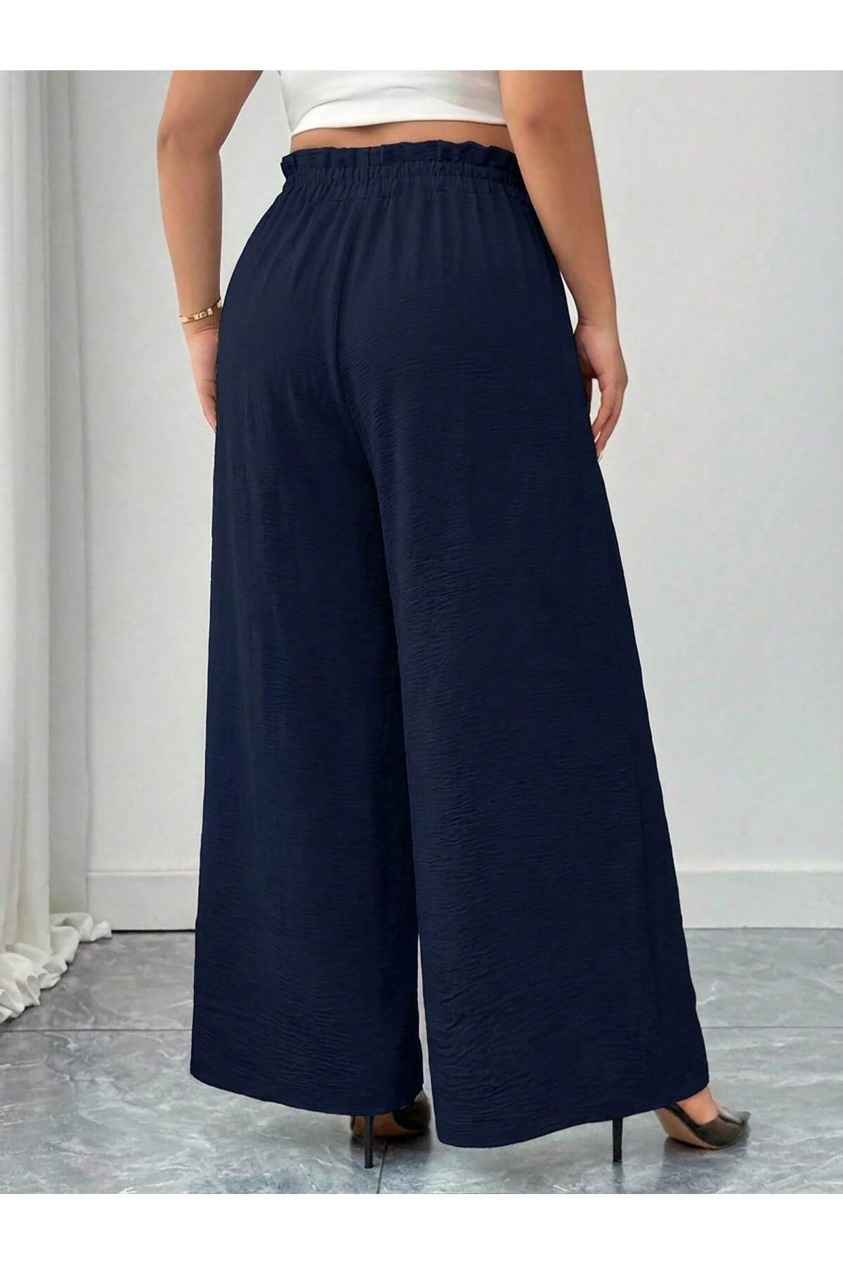 tuzu moda Büyük Beden Pantolon Bol Paça Büyük Beden Beli Lastikli Pantolon görsel 2