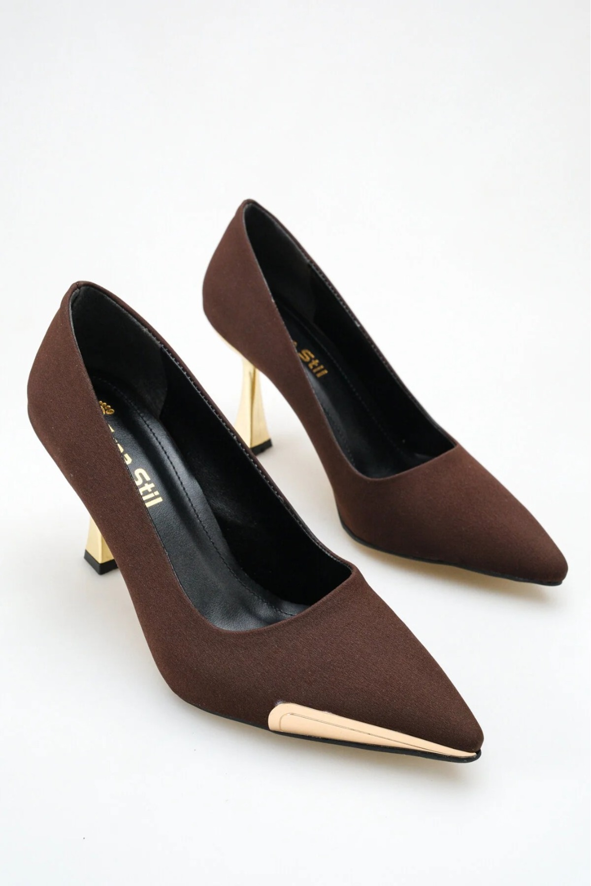 Brown satin slim Gold Nose Closed Detail Special Design Heels Stylish Women's Stiletto