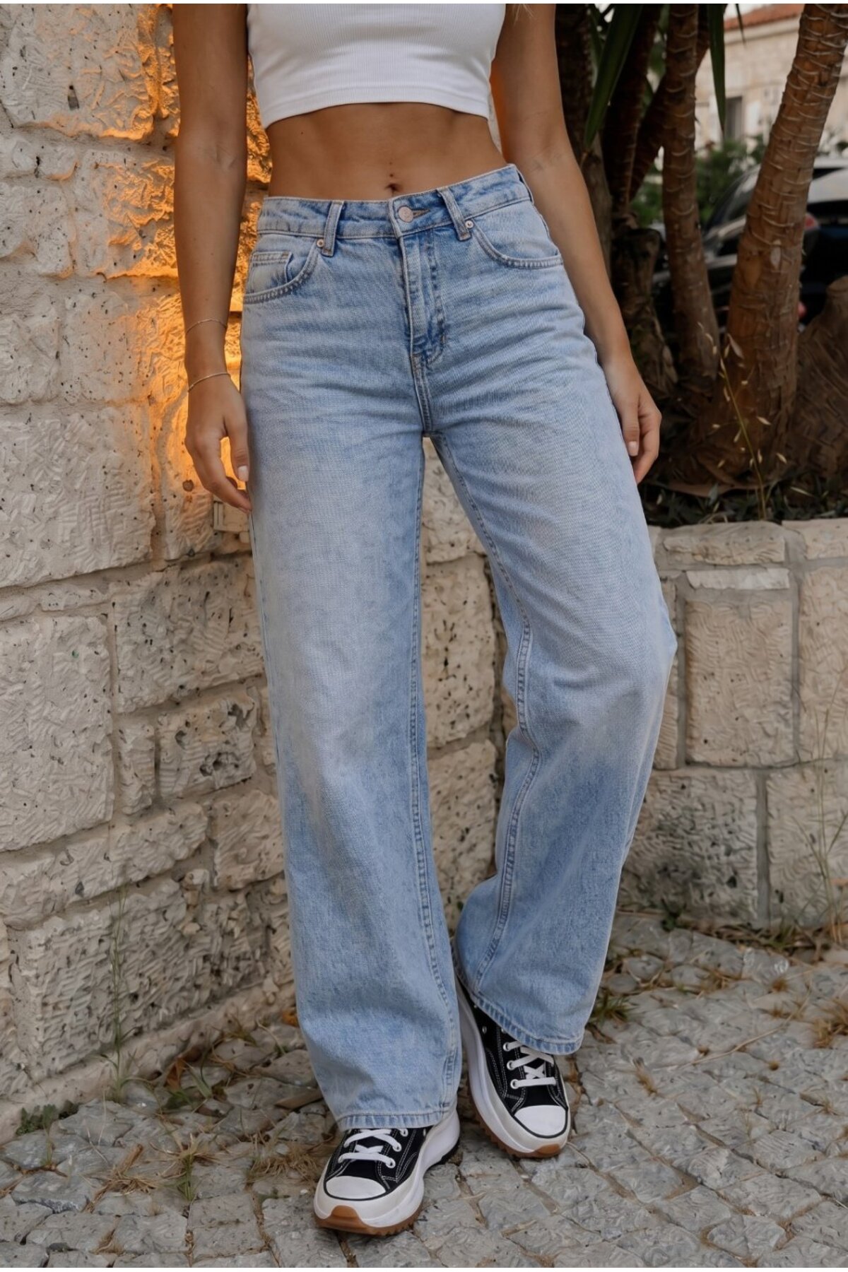 Kadın Vintage Efektli Yüksek Bel Esnek Wide Leg Jeans Açık Mavi 7