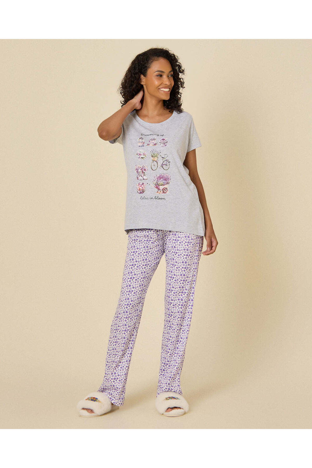REDTAG Women Grey and White And Printed Pyjama Set