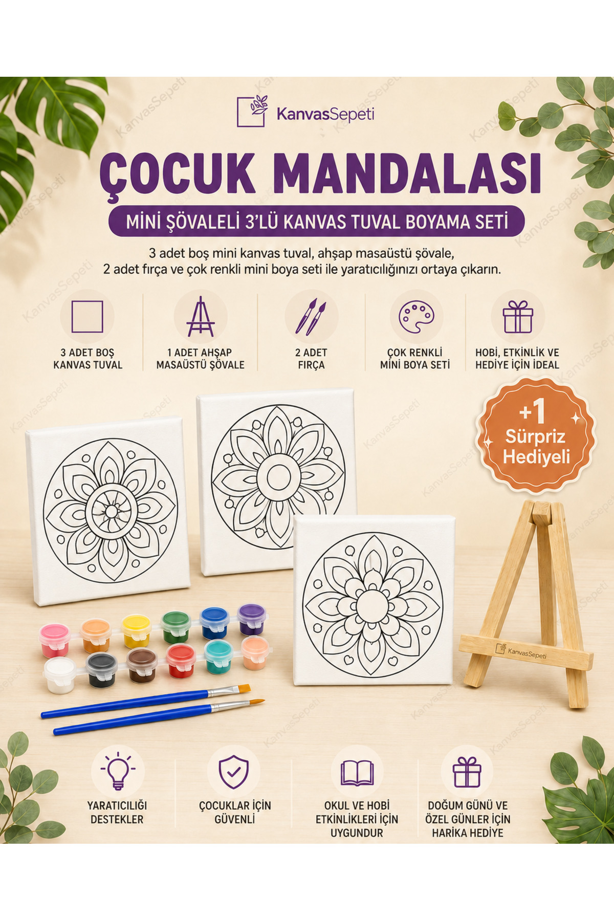 Çocuk Mandalası Mini Şövaleli 3'lü Boyanabilir Kanvas Tuval Seti 20x20 12 Renk Boya