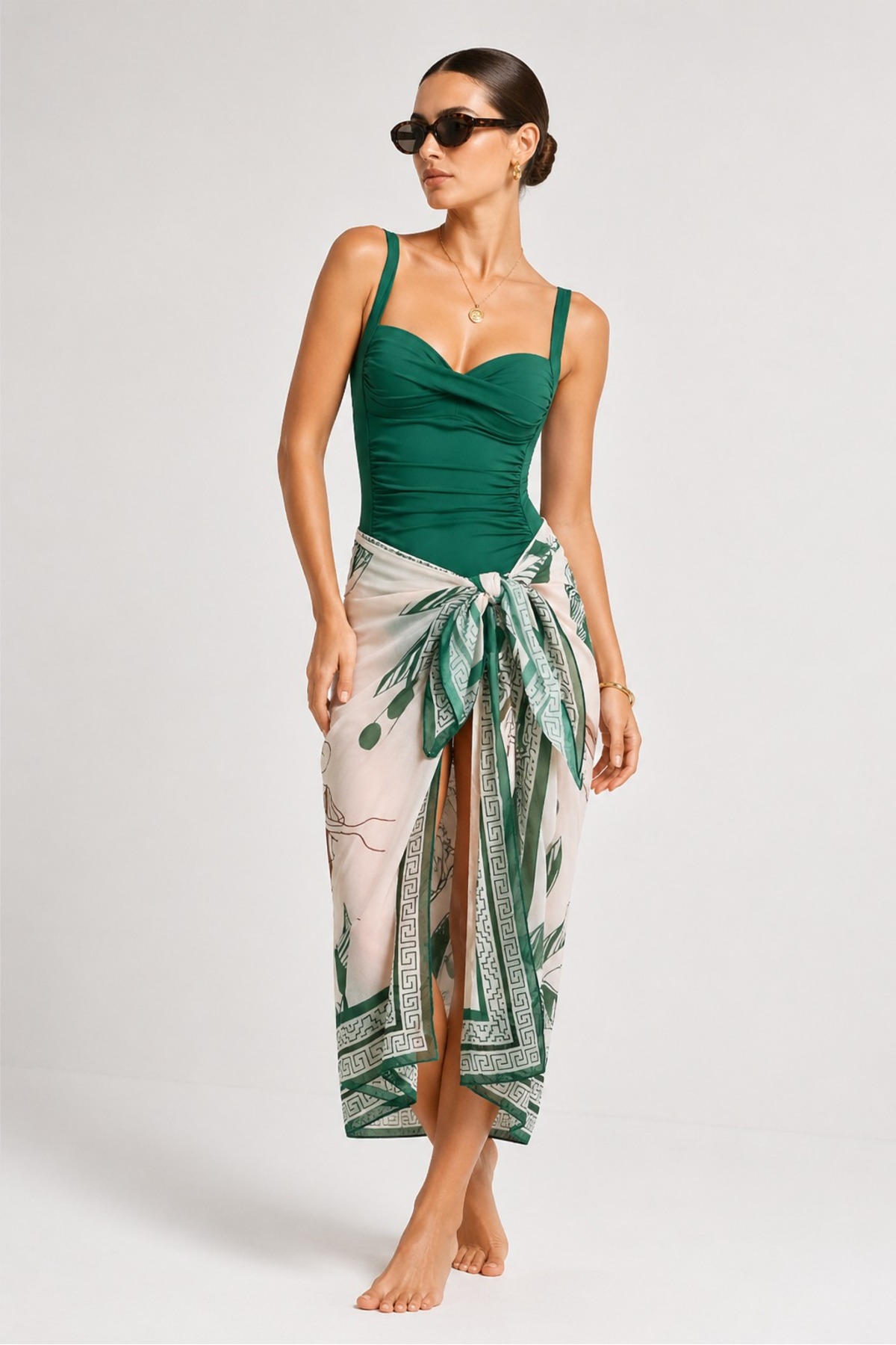 Fridan Draped Swimwear & Pareo 2-Piece Set with Adjustable Strap Slimming Effect-Pareo(145x90 cm)