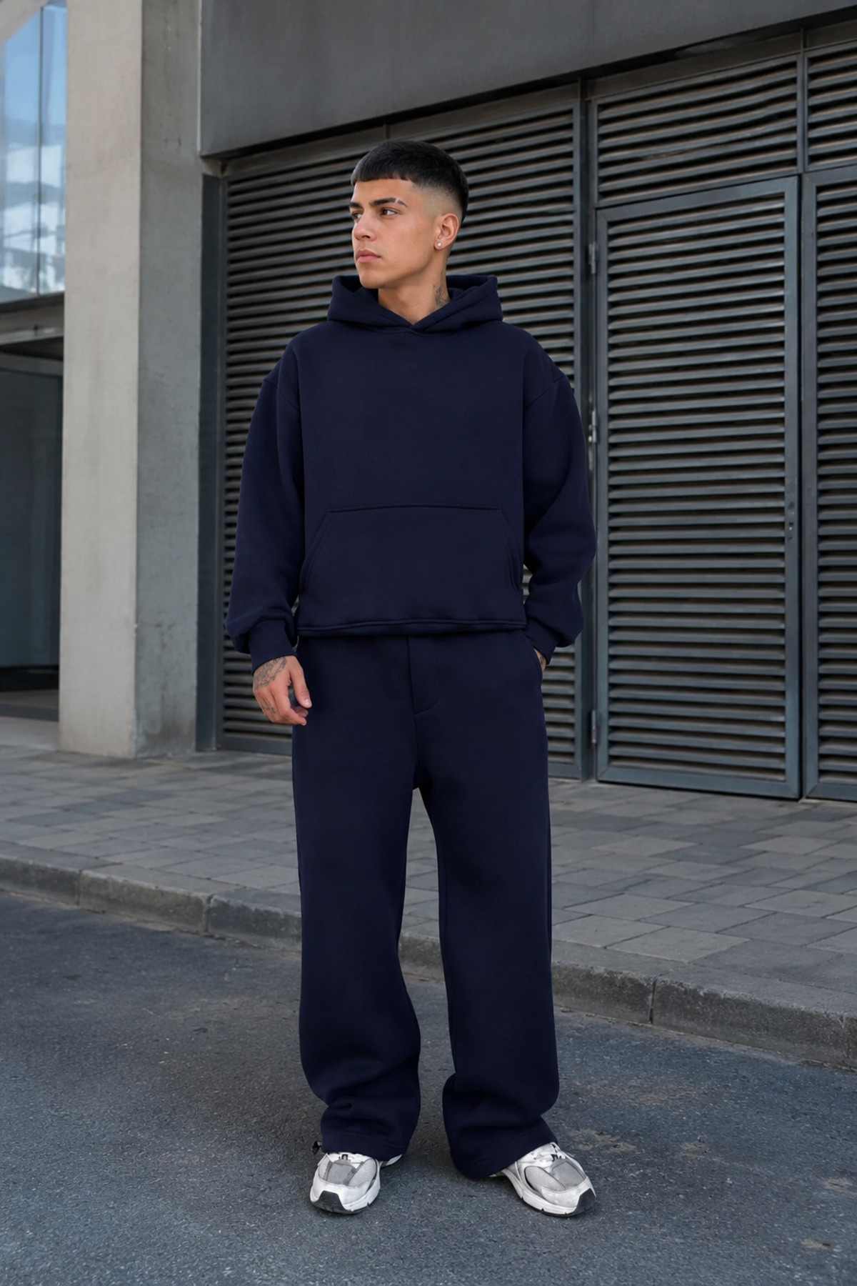ERKEK Premium Oversize Hoodie Eşofman Takımı Unisex Mevsimlik Rahat Eşofman Takımı — سرمه‌ای Brnsftk3 — تصویر 3 از 3