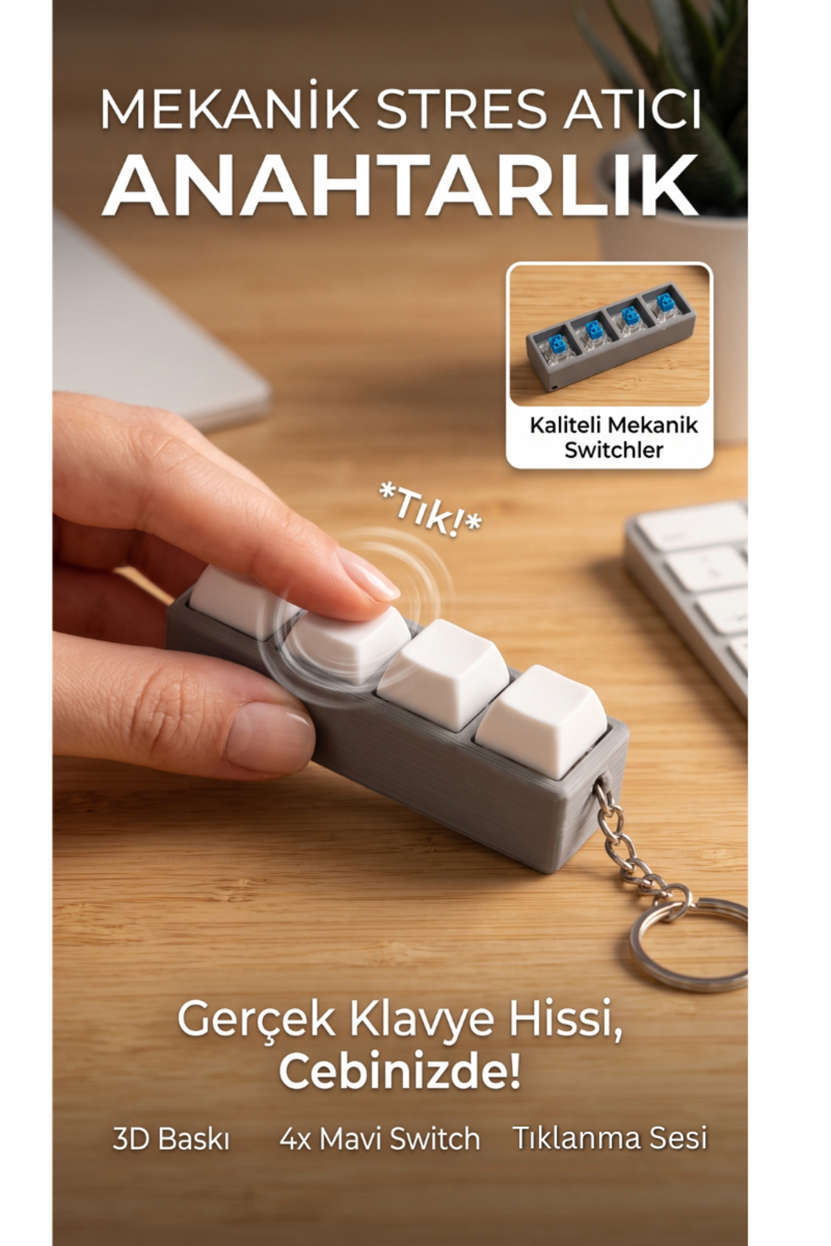 4 Tuşlu Mavi Switch Mekanik Klavye Hissiyatlı Stres Atıcı Fidget Anahtarlık