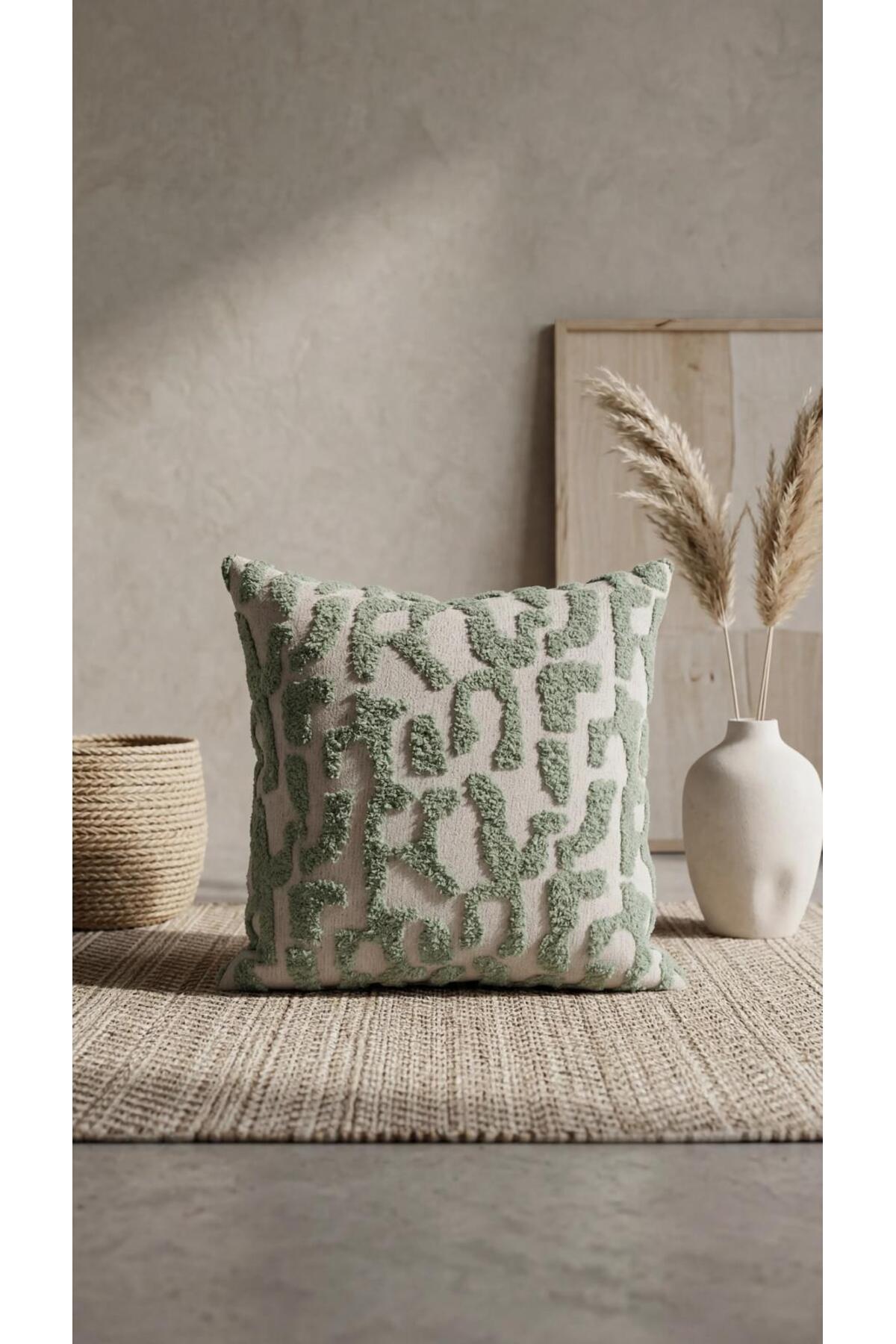 ''PETRA'' Premium Jacquard Bouquet Decorative Pillow Case 30x50 43x43 50x50 Cagla Green and Mink