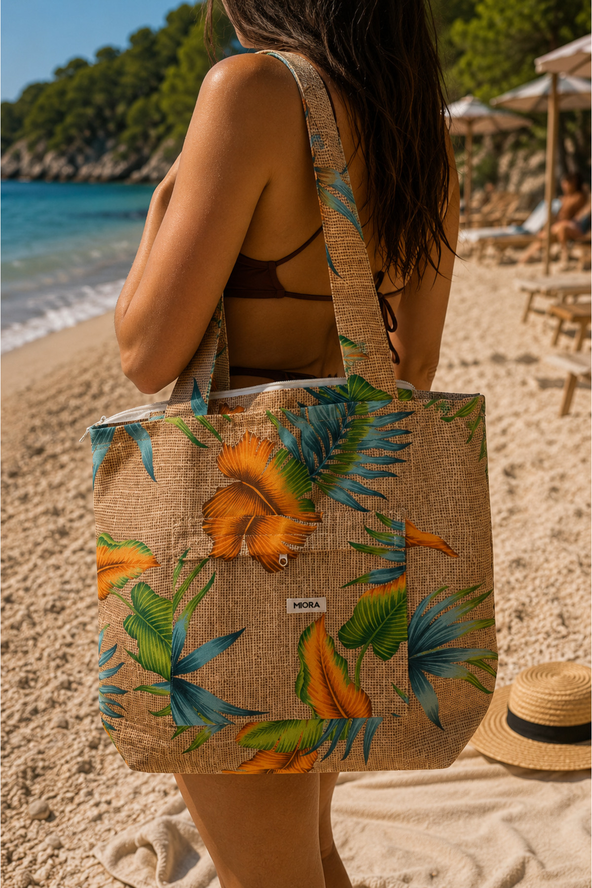 MIORA BAG Tropikal Desenli Fermuarlı Büyük Plaj Çantası, Geniş Hacimli Günlük, Tatil ve Plaj Omuz Çantası görsel 4