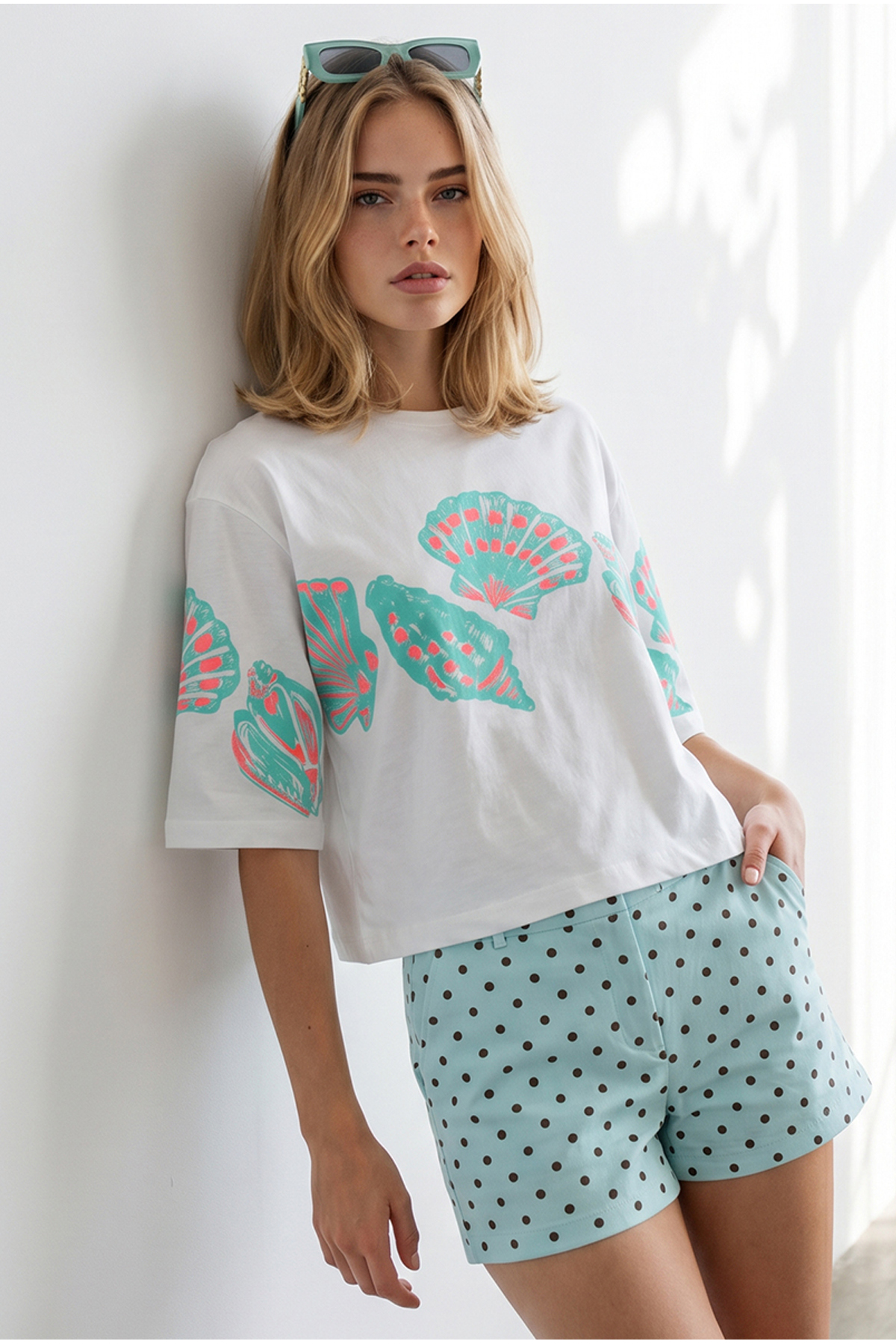 Olalook Women's White Sea Shell Printed Cotton T-Shirt Tsh-19001020