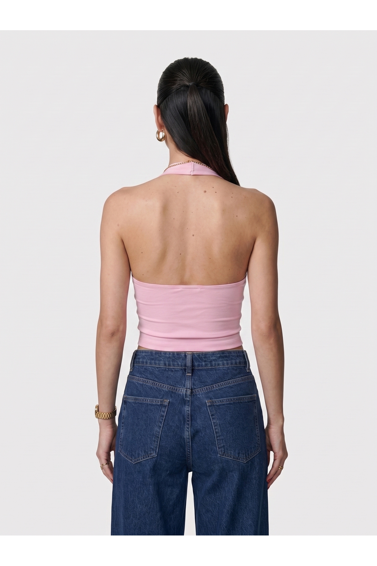 Kadın Halter Yaka Dar Kalıp Sırt Dekolteli Slim Fit Basic Body - Pembe 3